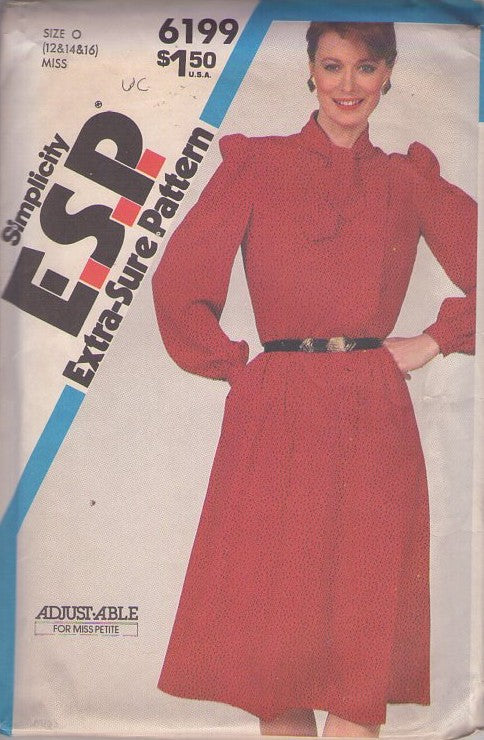 Simplicity 6199 Vintage 80's Sewing Pattern Modest Dress Set, Extra Sure Pullover Asymmetric Secretary Day Dress, Pockets Size 12-16