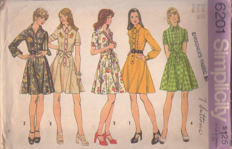 Simplicity 6201 Vintage 70's Sewing Pattern Mod Dress Set, Button Band Flared, Above Knee, 5 Secretary Styles Size 12