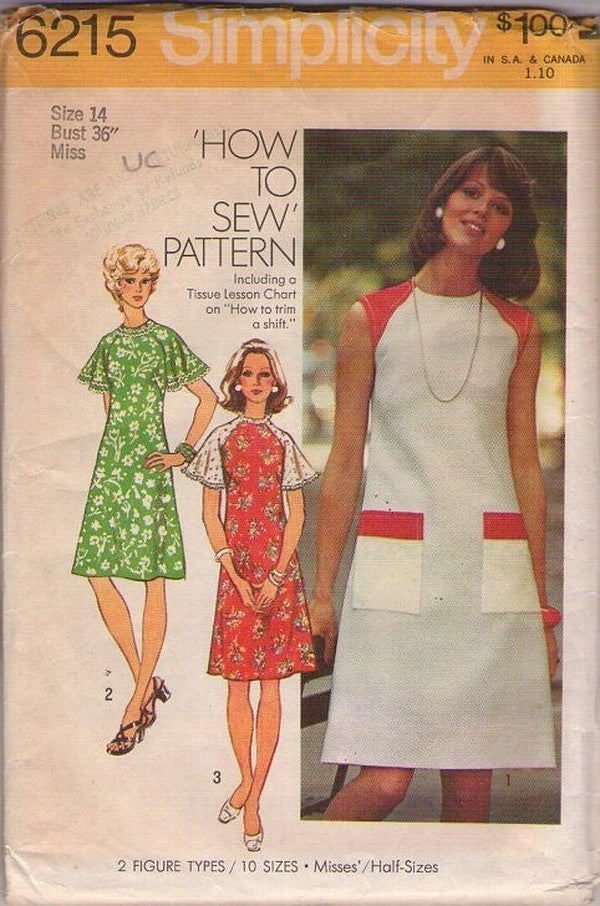 Simplicity 6215 Vintage 70's Sewing Pattern Mod Dress Set, Easy To Sew, Contrast Raglan Sleeves, 3 Styles Size 14