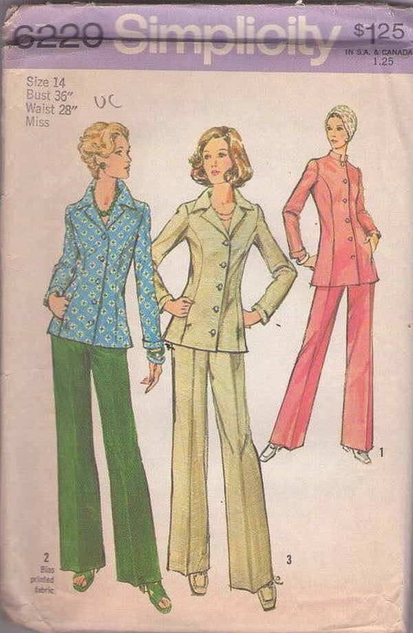 Simplicity 6229 Vintage 70's Sewing Pattern Princess Seams Pantsuit, Jacket Top Blouse, Pants, Size 14