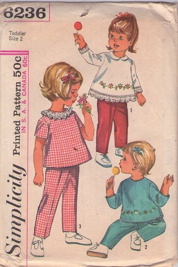 Simplicity 6236 Vintage 60's Sewing Pattern Girl's Top, Pants, Embroidery & Lace Trimmed Smock Top Blouse, Pants with Crotch Snaps Size 2