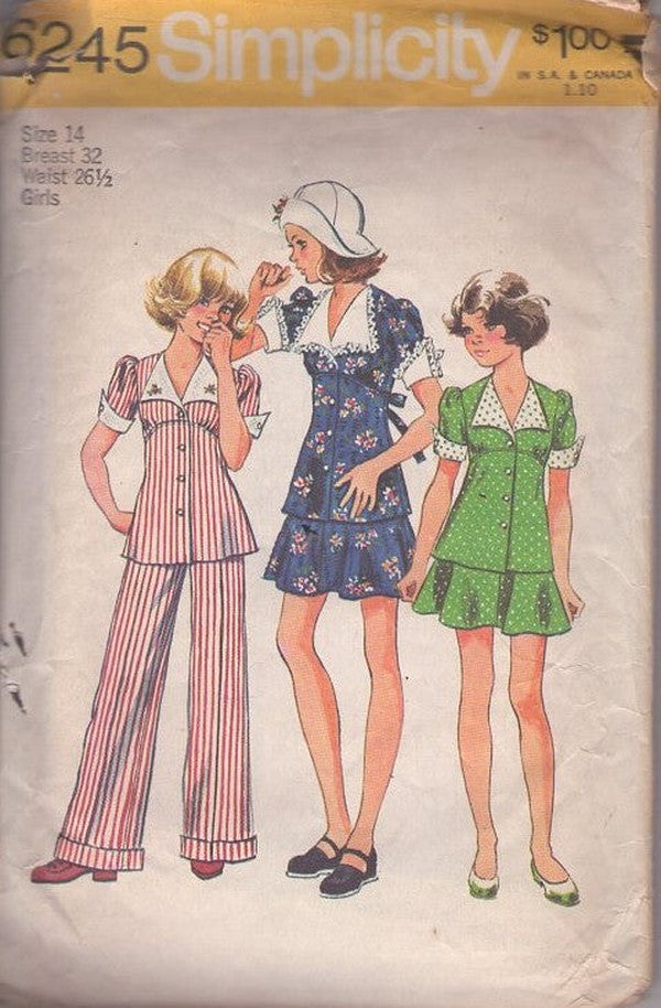 Simplicity 6245 Vintage 70's Sewing Pattern Girl's Separates, Wing Collar, Shaped High Empire Waist Front Buttoned Top, Blouse, Flared Mini Skirt & Cuffed Slacks Size 14