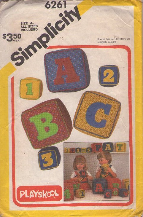Simplicity 6261 Vintage 80's Sewing Pattern Learning Toys, Playskool Soft Blocks, Teaching Toy Stuffed Cubes, Alphabet One Size
