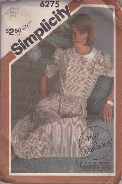 Simplicity 6275 Vintage 80's Sewing Pattern Career Dress, Fast & Fabulous Prissy Modest Secretary Asymmetric Front Bodice Button Shirtwaist Dress & Belt, Pockets Size 6-8