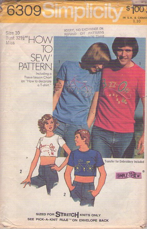 Simplicity 6309 Vintage 70's Sewing Pattern Tshirt Set, BUZZ OFF, Disco Summer Crop Tops, Iron On Appliques 2 Styles Size 10