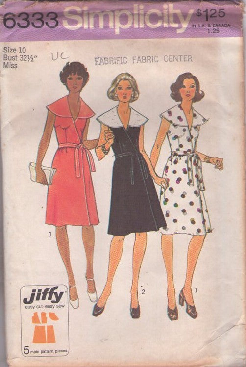 Simplicity 6333 Vintage 70's Sewing Pattern Jiffy Wrap Dress, Disco Era Cape Collar Front Wrap Around Party Dress, 2 Styles Size 10