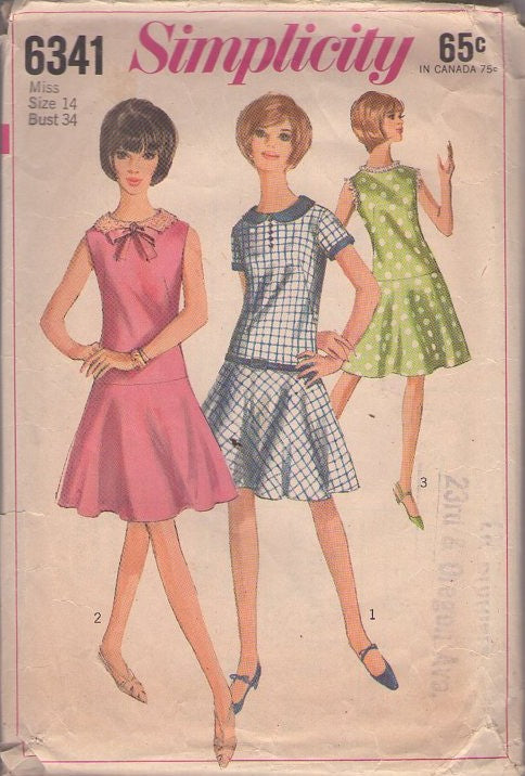 Simplicity 6341 Vintage 60's Sewing Pattern Mod Dress Set, Twiggy Drop Waist Flared Flirty Skirt Secretary Day Dress, 3 Styles Size 14