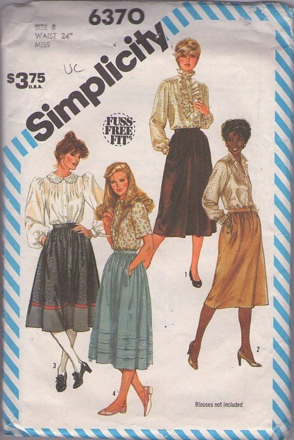 Simplicity 6370 Vintage 80's Sewing Pattern Secretary Skirt Set, Modest, Flared, Band Trim, 4 Styles Size 8