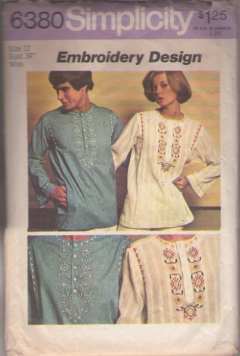 Simplicity 6380 Vintage 70's Sewing Pattern Hippie Shirt, Dashiki Style, Retro Embroidery Designs Size 12