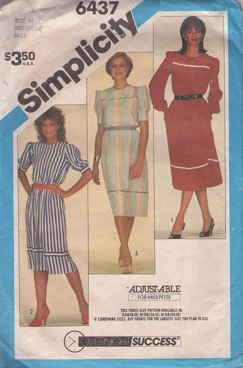 Simplicity 6437 Vintage 80's Sewing Pattern Easy Dress Set, Overnight Success Blouson Secretary Dress Set 3 Styles Pullover Size 10-14