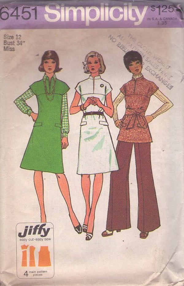 Simplicity 6451 Vintage 70's Sewing Pattern Casual Separates, High Yoked Slit Neck, Cap Sleeve, Nehru Collar Tunic Top, Jumper, Dress & Flared Bell Pants Size 12 CUT