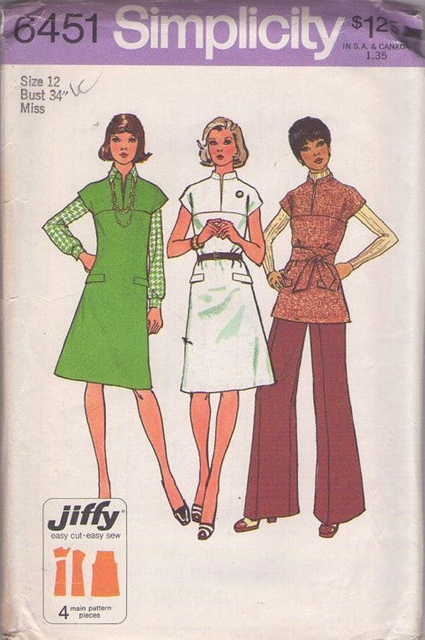 Simplicity 6451 Vintage 70's Sewing Pattern Casual Separates, High Yoked Slit Neck, Cap Sleeve, Nehru Collar Tunic Top, Jumper, Dress & Flared Bell Pants Size 12 UNCUT