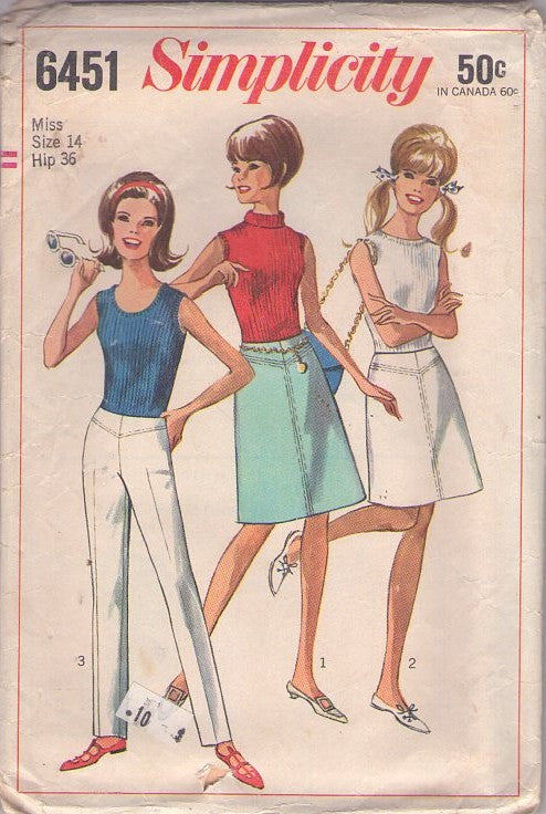 Simplicity 6451 Vintage 60's Sewing Pattern Mod Pants, Skirts, Shaped Yoke Hip Skirt, Hip Pants with Tapered Leg Size 14