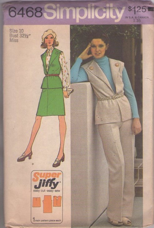 Simplicity 6468 Vintage 70's Sewing Pattern Easy Separates, Super Jiffy Disco Winged Button Trimmed Lapels Deep V Neck Vest, A-Line Skirt & Trousers Size 10