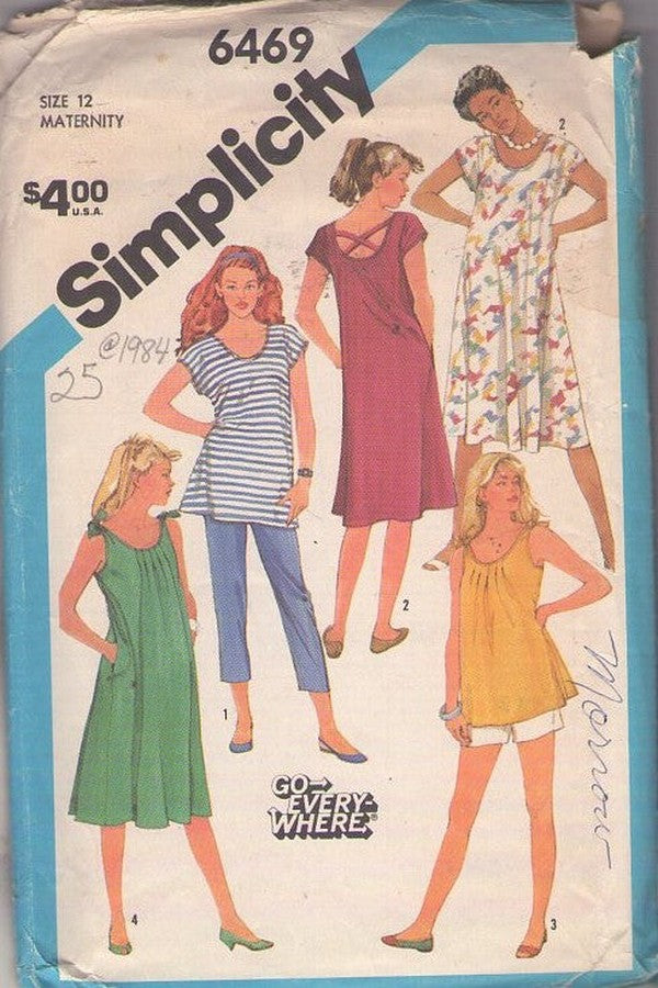 Simplicity 6469 Vintage 80's Sewing Pattern Bump Friendly Dress, Flared, Scoop Neck, Sundress, Tank Top, T-Shirt Set Size 12