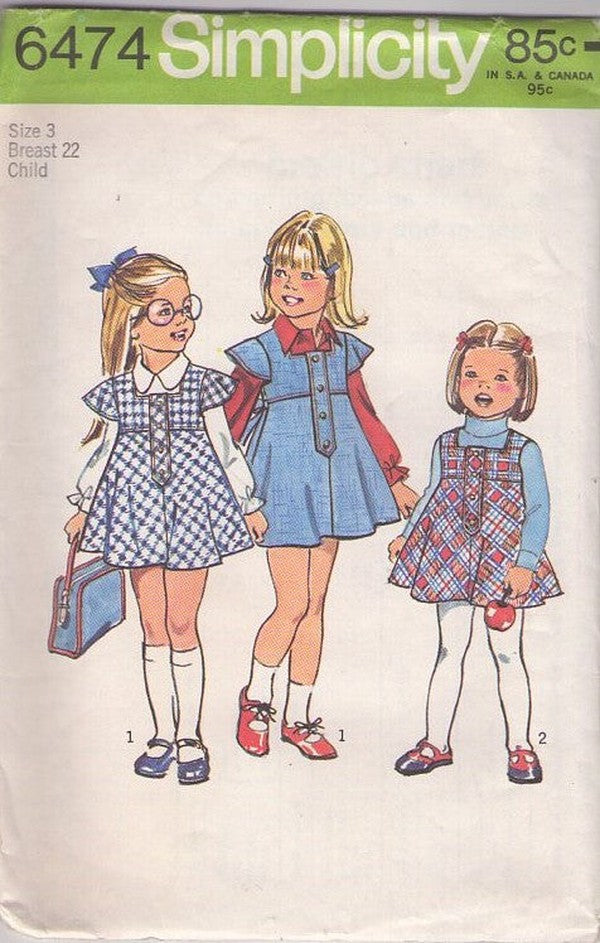 Simplicity 6474 Vintage 70's Sewing Pattern Girl's Jumpers, Brady Bunch High Waist Cap Sleeve Jumper Dress, Button Band 2 Styles Size 3