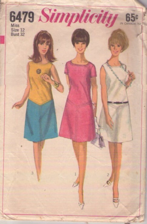 Simplicity 6479 Vintage 60's Sewing Pattern Mod Dress Set, Shaped Square Neckline, Dipped Basque V Hip Dress Set 3 Styles Size 12