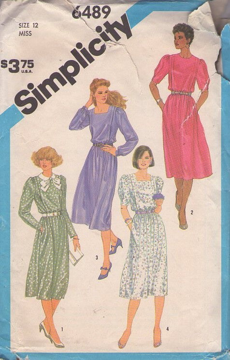 Simplicity 6489 Vintage 80's Sewing Pattern Secretary Dress, Flanged Bodice Gathered Knee Length Skirt Dress Set, Pockets 4 Styles Size 12