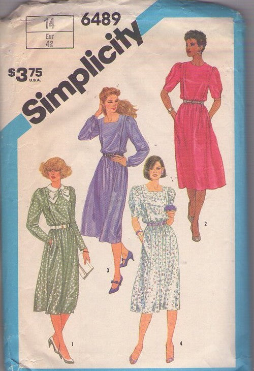 Simplicity 6489 Vintage 80's Sewing Pattern Secretary Dress, Flanged Bodice Gathered Knee Length Skirt Dress Set, Pockets 4 Styles Size 14