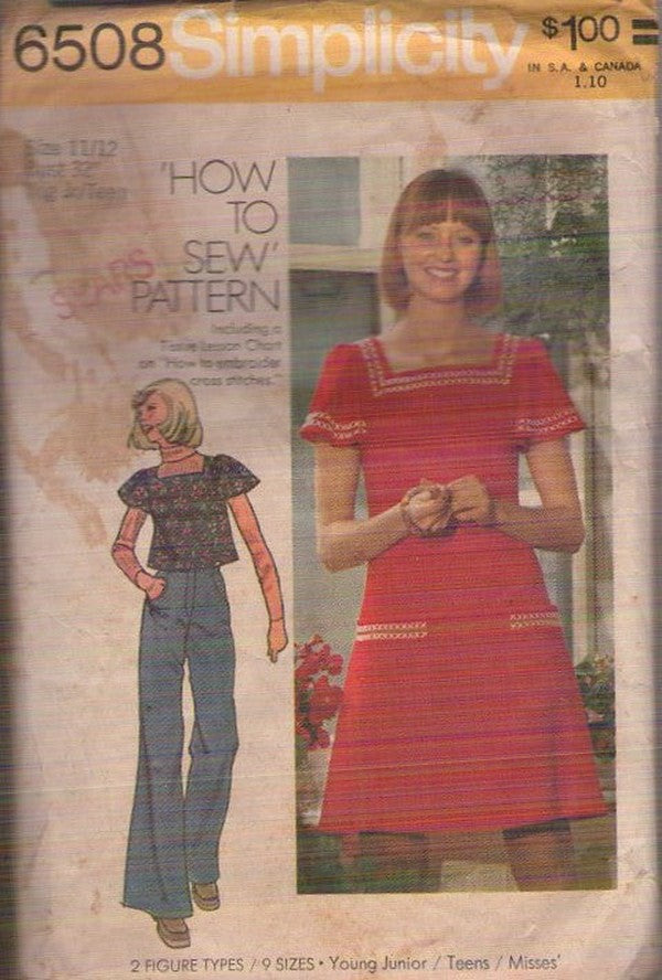 Simplicity 6508 Vintage 70's Sewing Pattern Boho Crop Top, Summer Dress, Flutter Sleeves, Square Neck Size 11/12