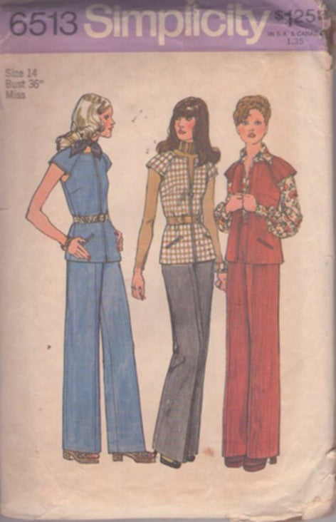 Simplicity 6513 Vintage 70's Sewing Pattern Secretary Separates, Shaped Raglan Cap Sleeve Front Zipper Shirt, Jacket Top, Flared Pants Size 14 CUT