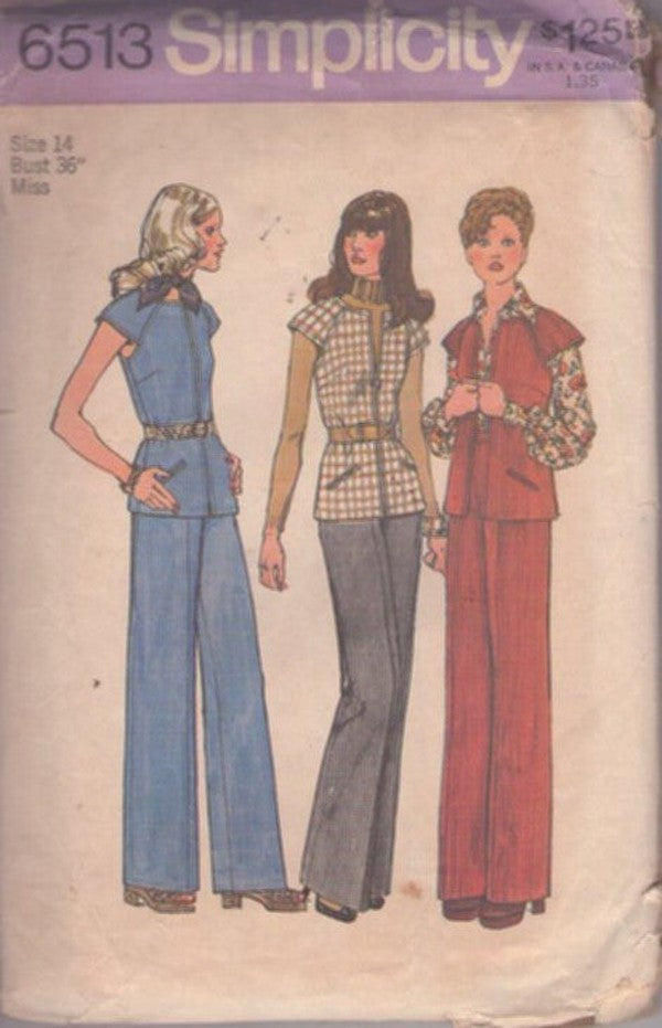 Simplicity 6513 Vintage 70's Sewing Pattern Secretary Separates, Shaped Raglan Cap Sleeve Front Zipper Shirt, Jacket Top, Flared Pants Size 14 CUT