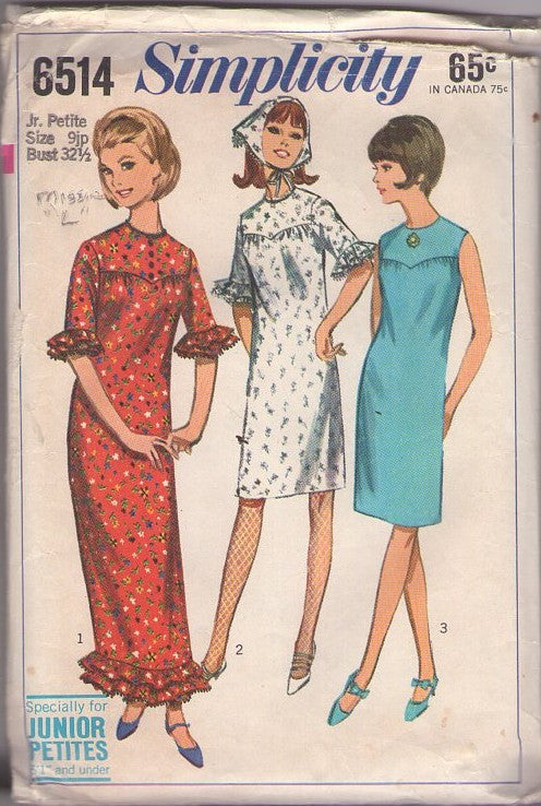 Simplicity 6514 Vintage 60's Sewing Pattern Mod Dress Set, Hawaiian Hostess Shaped Yoke Sheath Day Dress, Hostess Maxi Gown, Head Scarf Size 9JP