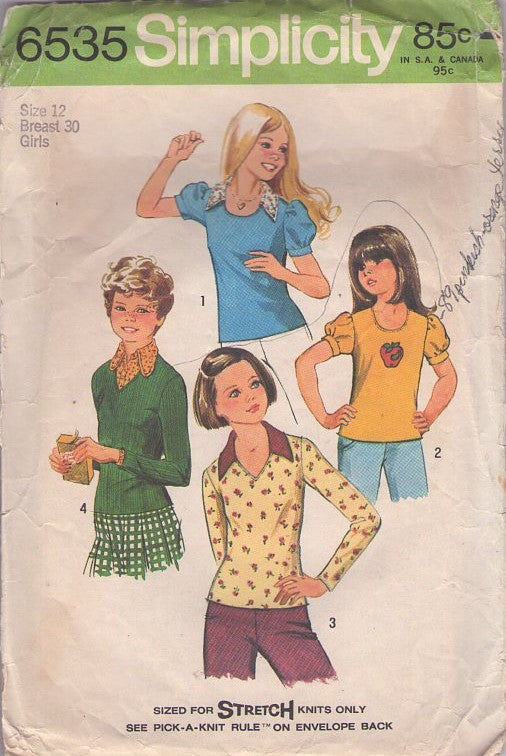 Simplicity 6535 Vintage 70's Sewing Pattern Girl's Tops, That 70s Show V Neck Stretch Knits Collared Tshirt Shirt Top Size 12