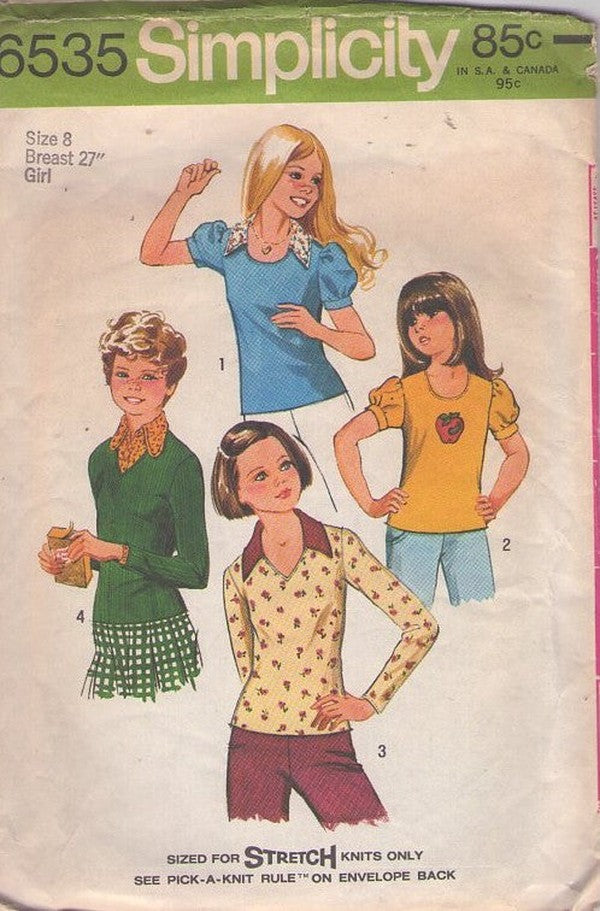 Simplicity 6535 Vintage 70's Sewing Pattern Girl's Tops, That 70s Show V Neck Stretch Knits Collared Tshirt Shirt Top Size 8