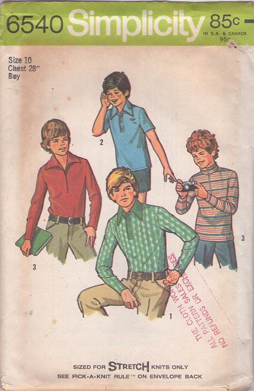 Simplicity 6540 Vintage 70's Sewing Pattern Boys' Shirts, Brady Bunch Hipster Fitted Skinny Pullover Polo Top, Shirt Set Size 10