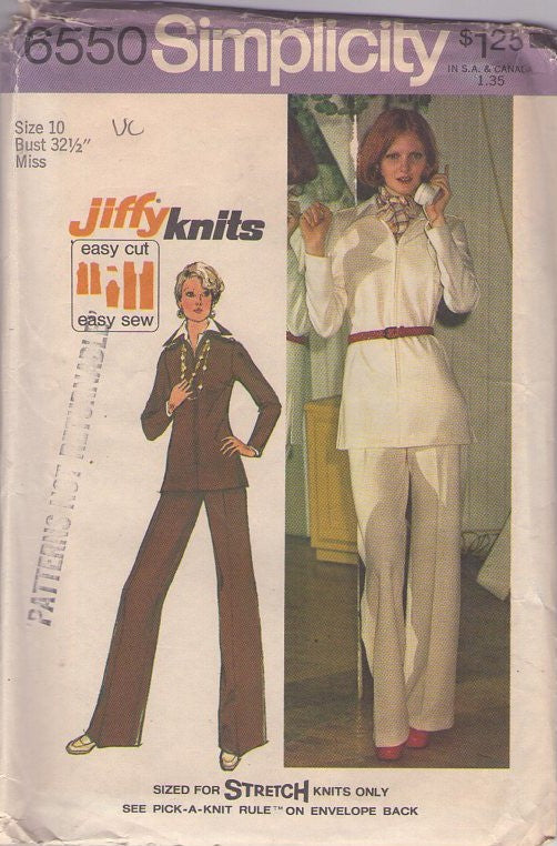 Simplicity 6550 Vintage 70's Sewing Pattern Easy Top & Pants, Jiffy Knits Stretch Pantsuit, Tunic Top Blouse, Slacks Size 10