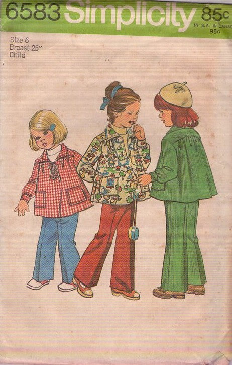 Simplicity 6583 Vintage 70's Sewing Pattern Girl's Smock Top Blouse, Pullover Jacket, Pants Size 6