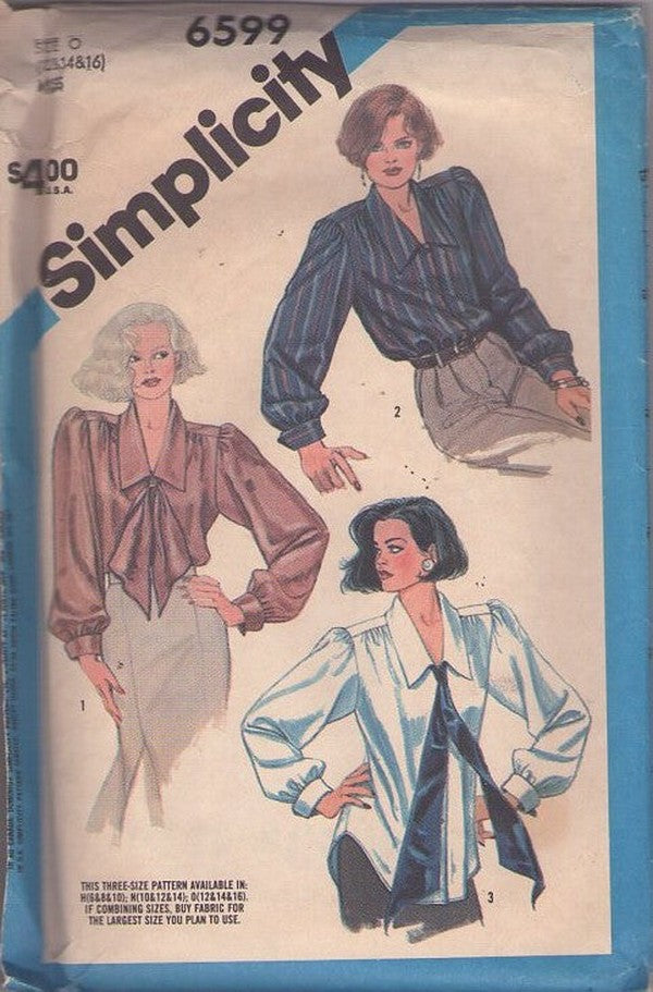 Simplicity 6599 Vintage 80's Sewing Pattern Day Blouses, Old Fashioned Look Wing Collar Balloon Sleeve Secretary Blouse Set & Scarf Size 12-14