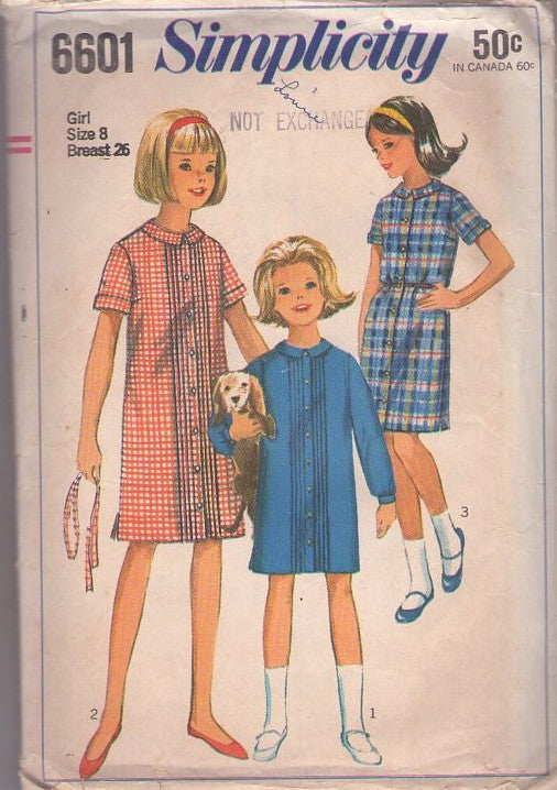 Simplicity 6601 Vintage 60's Sewing Pattern Girl's Dress, Modest Front Buttoned, Straight Coat Dress, Shirtdress Size 10