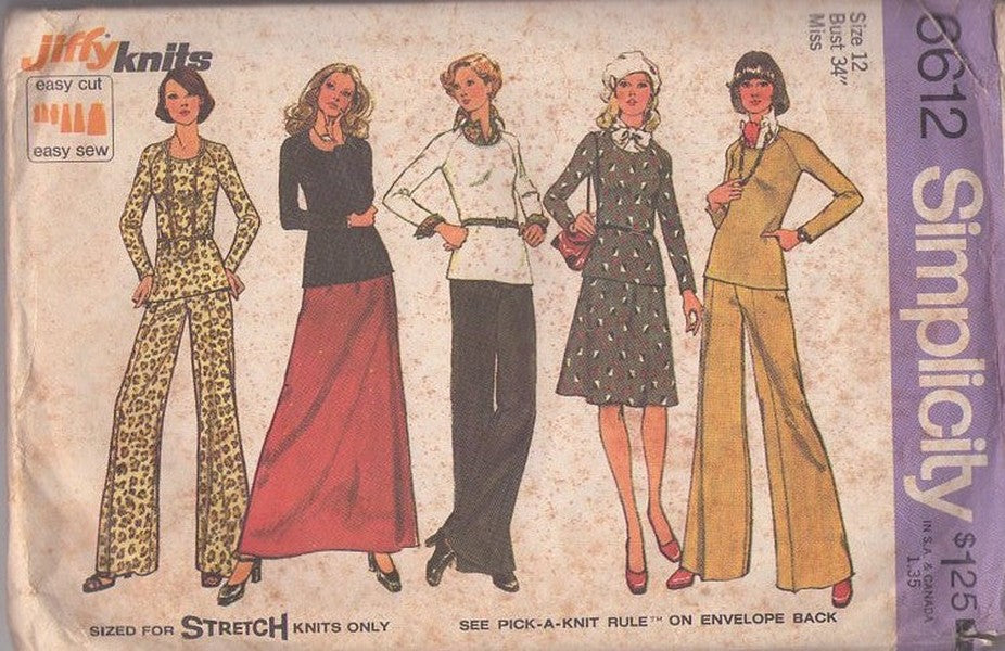 Simplicity 6612 Vintage 70's Sewing Pattern Easy Separates, Jiffy Knits Slinky Lounge Pajamas Top & Wide Leg Pants, Skirt, Top, Maxi, Stretch Knits Size 12