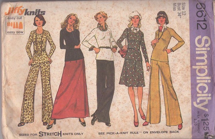 Simplicity 6612 Vintage 70's Sewing Pattern Easy Separates, Jiffy Knits Slinky Lounge Pajamas Top & Wide Leg Pants, Skirt, Top, Maxi, Stretch Knits Size 12