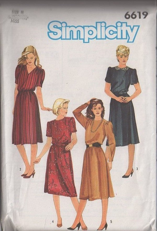 Simplicity 6619 Vintage 80's Sewing Pattern Day Dress Set, Classic Style Retro Secretary Office Dress, Flared Skirt, Tulip Sleeve Size 6-10