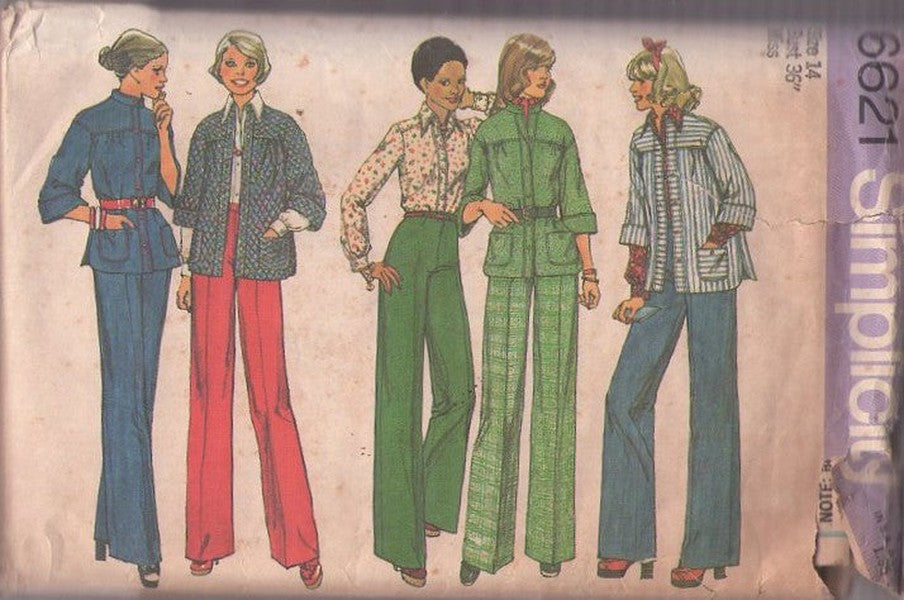 Simplicity 6621 Vintage 70's Sewing Pattern Casual Separates, Front Zip Slacks, Button Band Blouse, Shirt Jacket Top Size 14