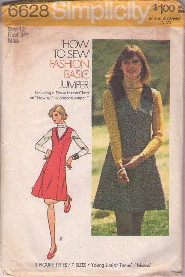 Simplicity 6628 Vintage 70's Sewing Pattern Easy Mod Jumper, Princess Seams Dress, 2 Styles Size 12