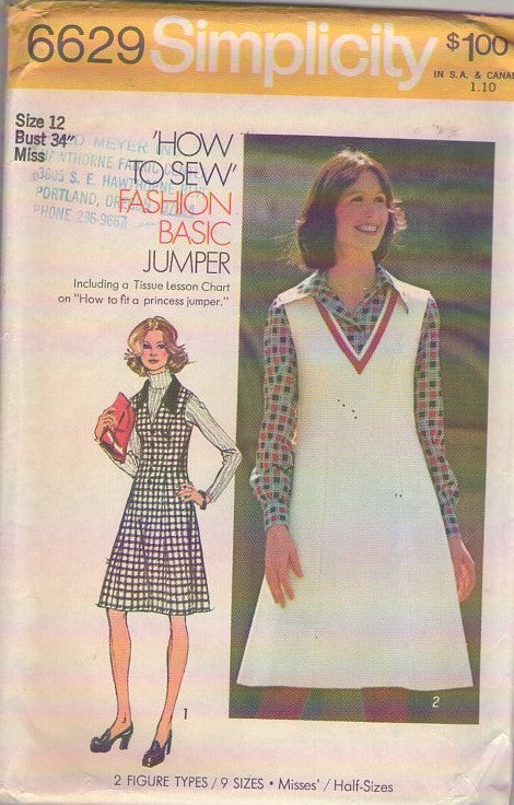 Simplicity 6629 Vintage 70's Sewing Pattern Mod Jumper, Shift Dress Set, Easy Collared Jumper Dress Size 12