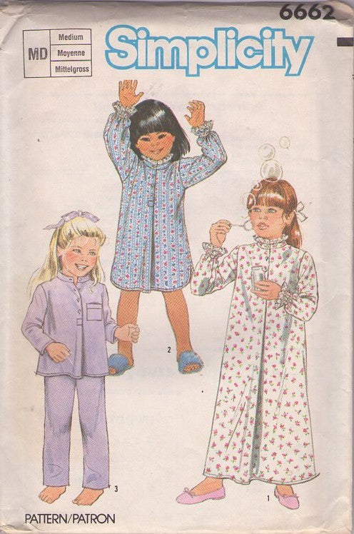 Simplicity 6662 Vintage 80's Sewing Pattern Girl's Pajamas, Winter Nightgown, PJs Set, Nehru Collar Top, Nightgown, Sleep Shirt & Pants Size M