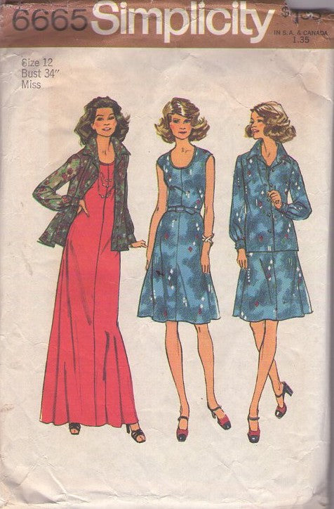 Simplicity 6665 Vintage 70's Sewing Pattern Dress Set, Scoop Neck Center Seam Disco Secretary Dress, Maxi Gown, Shirt Jacket Blouse Size 12
