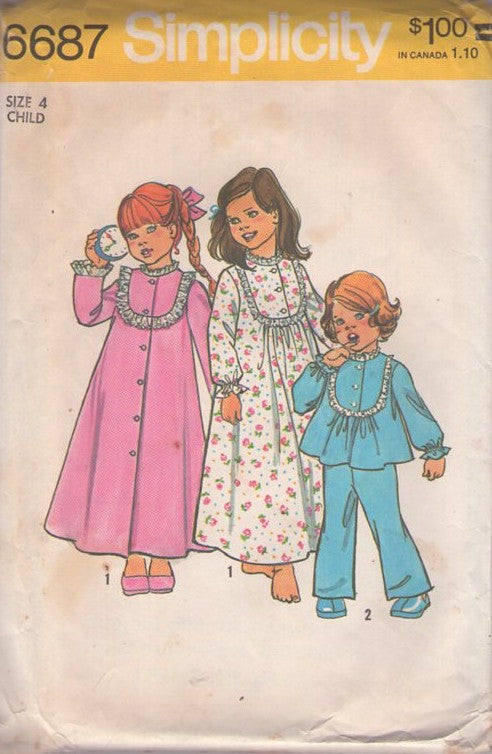 Simplicity 6687 Vintage 70's Sewing Pattern Girl's Pajamas & Robes, Modest Buttoned Scoop Yoke Pajamas Smock Top, Long Nightgown, Pants & House Coat, Robe Size 4