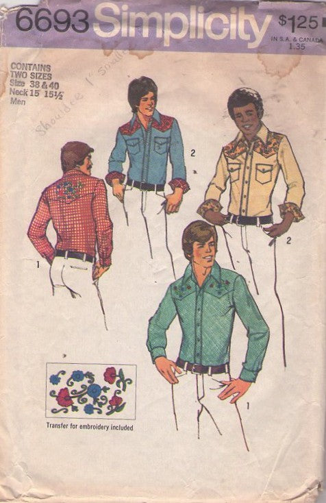 Simplicity 6693 Vintage 70's Sewing Pattern Men's Shirts, Fitted Western Yoked Cowboy Shirt, Flap Pockets, Pearl Snaps, Embroidery Transfer Size 38-40 Large WITH TRANSFER