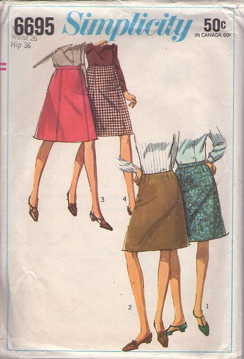 Simplicity 6695 Vintage 60's Sewing Pattern Mod Skirts, Secretary Every Day A-Line Skirt set, 4 Styles Waist 26 Size M