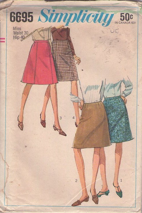 Simplicity 6695 Vintage 60's Sewing Pattern Mod Skirts, Secretary Every Day A-Line Skirt set, 4 Styles Waist 30 Size L