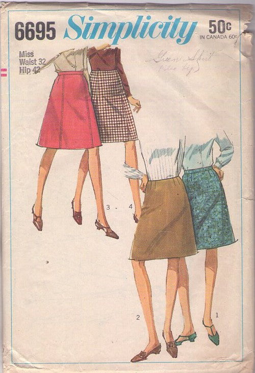 Simplicity 6695 Vintage 60's Sewing Pattern Mod Skirts, Secretary Every Day A-Line Skirt set, 4 Styles Waist 32 Size XL