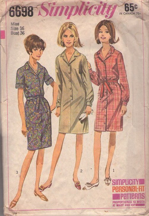 Simplicity 6698 Vintage 60's Sewing Pattern Mod Dress, Housewife Step In, Button Band Shirtdress, Front Buttoned Coat Dress Size 16