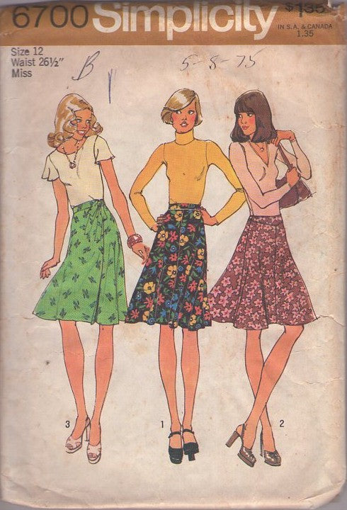 Simplicity 6700 Vintage 70's Sewing Pattern Bias Skirts, Flared, Disco Era, Secretary Skirt Set, 3 Styles Size 12