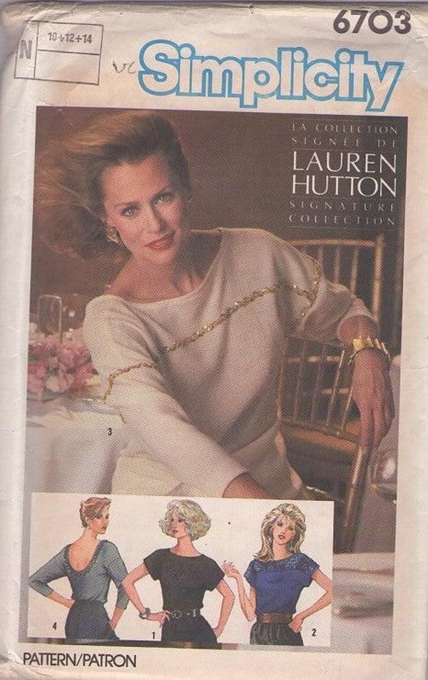 Simplicity 6703 Vintage 80's Sewing Pattern Easy Tops, Sparkles LA, Signature Collection, Lauren Hutton Bling Sequin Trimmed Cocktail Party Blouse Set, 4 Styles Size 10-14